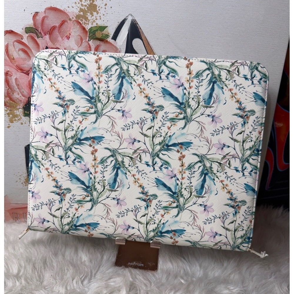 Levenger Floral Zip Around Tech Document Organizer Folio Case Cream Blue‎ Green